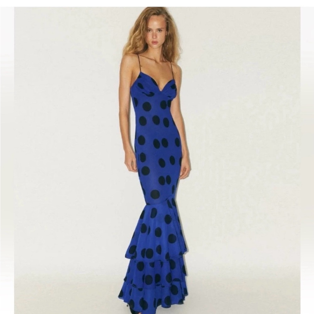 Zara Elegant Blue Maxi Dress with Black Dots